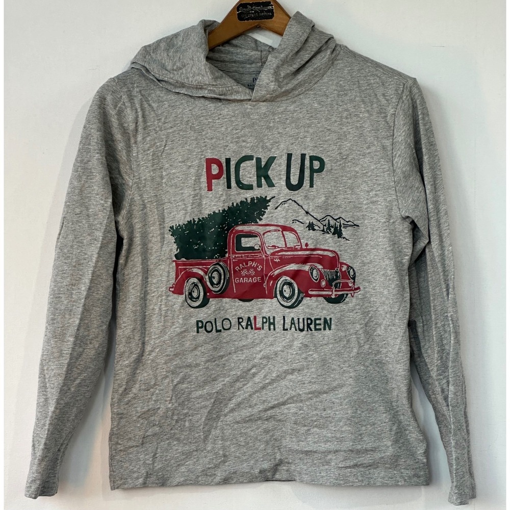 Polo‎ Ralph Lauren Hooded T-Shirt Truck Christmas Boys L 14-16 Grey Excellent